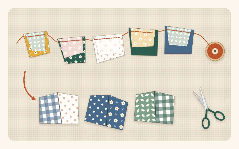 Flat illustration of small odd-shaped fabric scraps sewn into pairs and joined in a chain by a line of thread