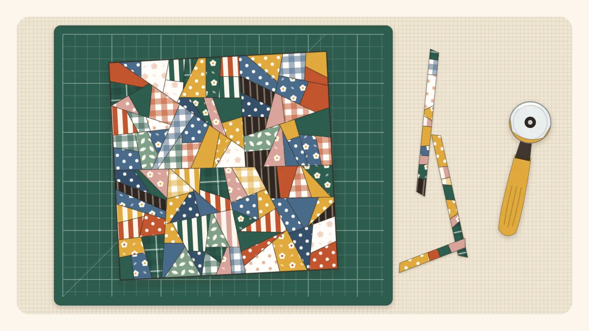 Flat illustration of an improvised crumb block made of many tiny irregular fabric pieces, trimmed to a neat square