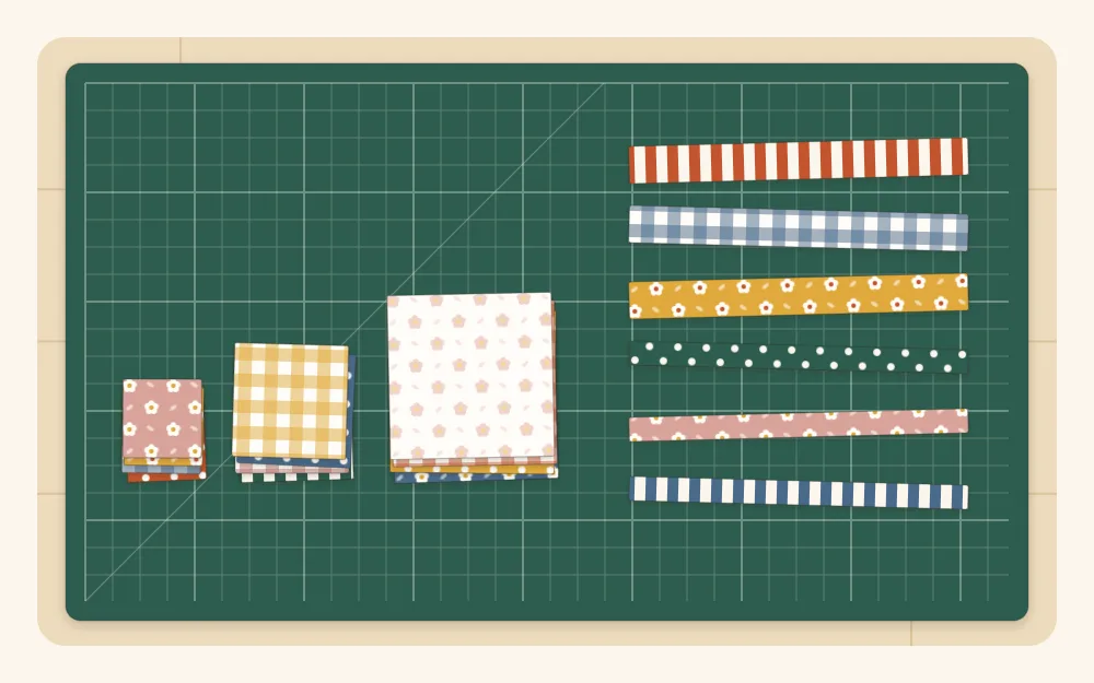 Illustration of stacks of cut fabric squares in graded sizes with fabric strips laid beside them