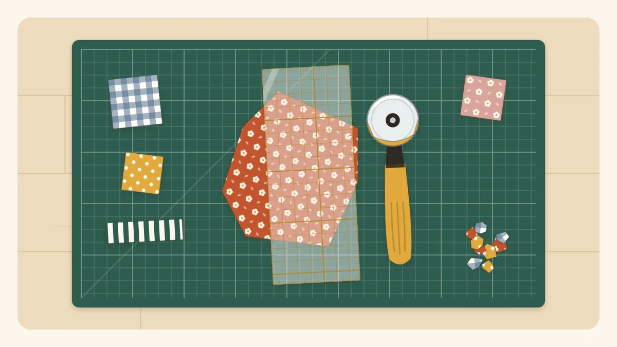 Illustration of a rotary cutter, a clear ruler and a fabric scrap lying on a green cutting mat