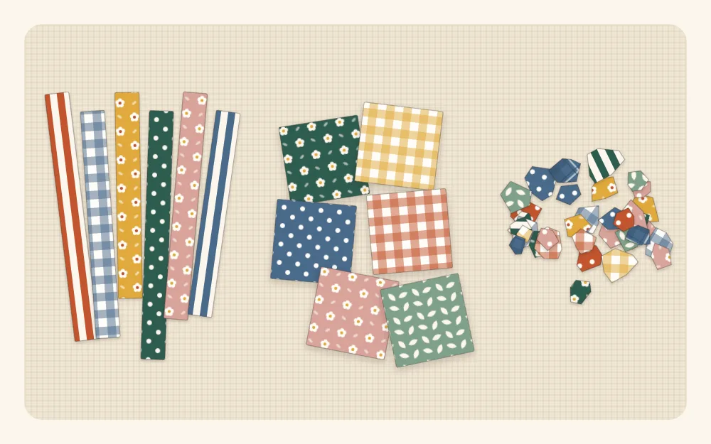 Illustration of fabric scraps grouped into three piles: long strips, squares and tiny crumbs