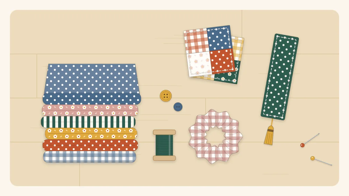 Illustration of a tidy pile of folded print fabric scraps beside a finished coaster, bookmark and scrunchie