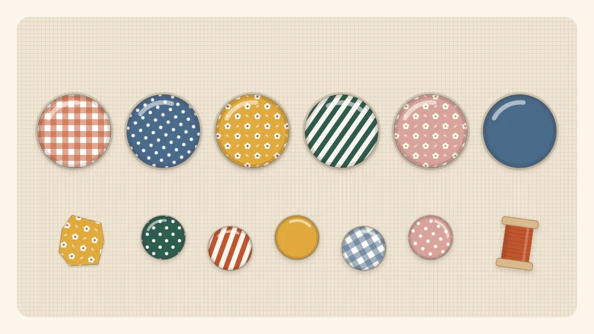 A row of round fabric-covered buttons in assorted prints