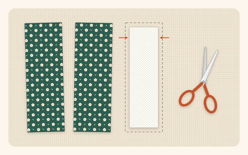 Two matching fabric rectangles and one slightly smaller interfacing rectangle laid side by side