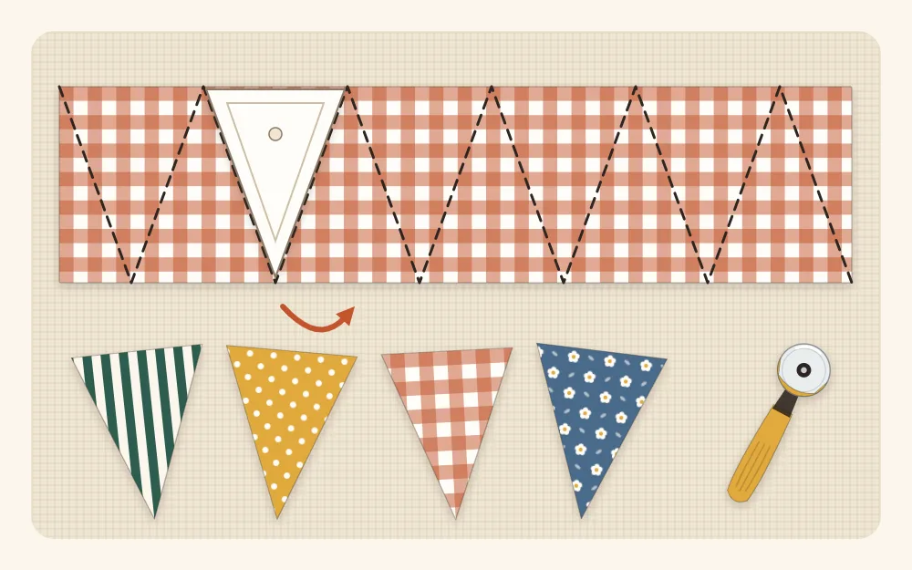 Illustration of a triangle template placed on a strip of fabric with triangles nested point to point along it