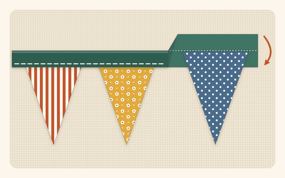 Illustration of the tops of fabric pennants tucked into folded tape with a line of stitching along the tape edge