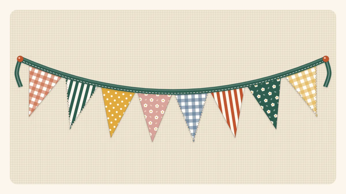 Illustration of a string of triangle pennants in mixed prints hung in a gentle curve