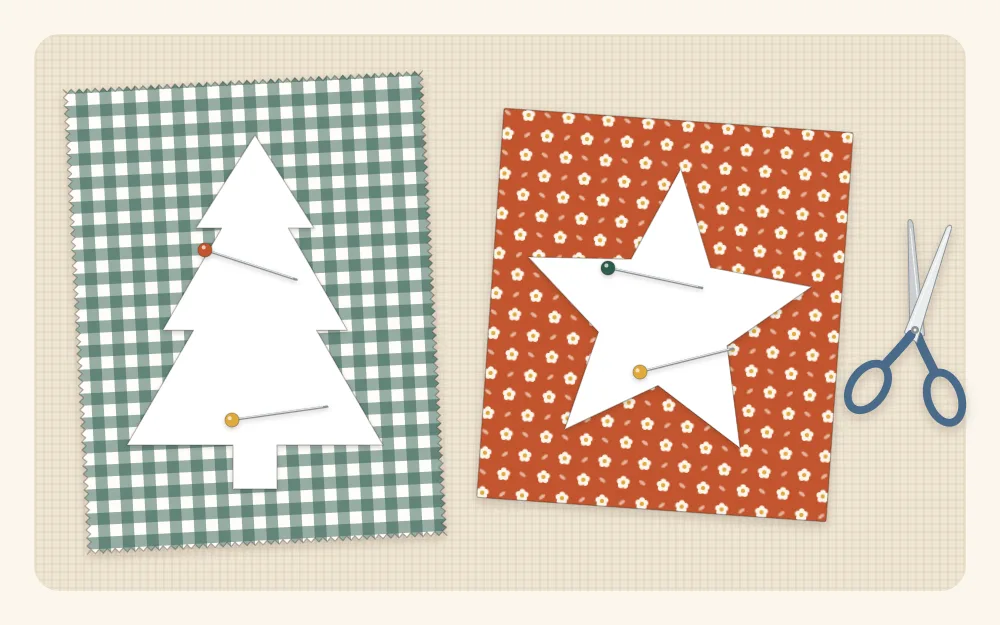 Illustration of paper templates of a tree and a star pinned onto print fabric