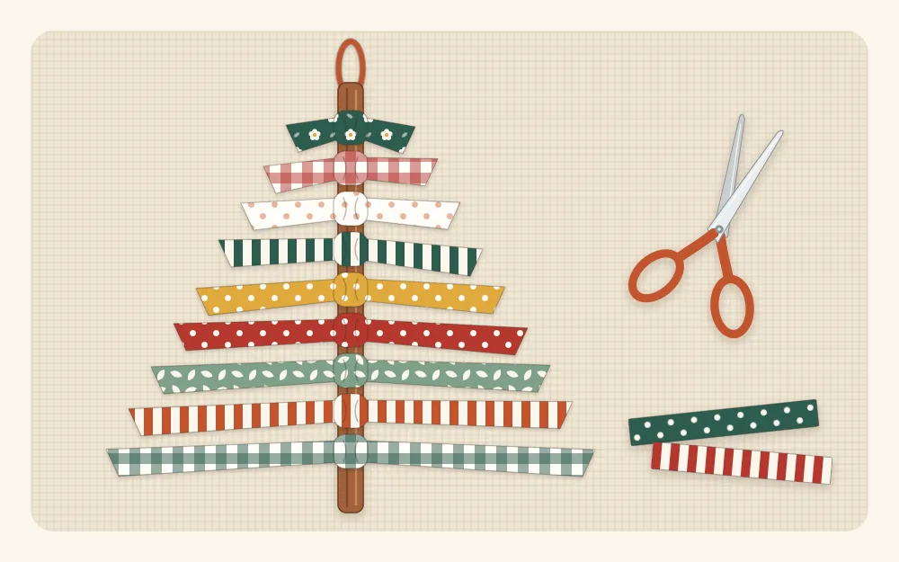 Illustration of fabric strips knotted along a cinnamon stick and trimmed into a tree shape