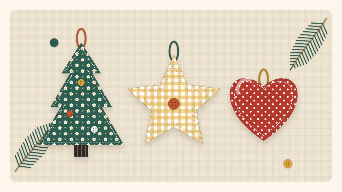 Illustration of fabric tree, star and heart ornaments in mixed prints with hanging loops