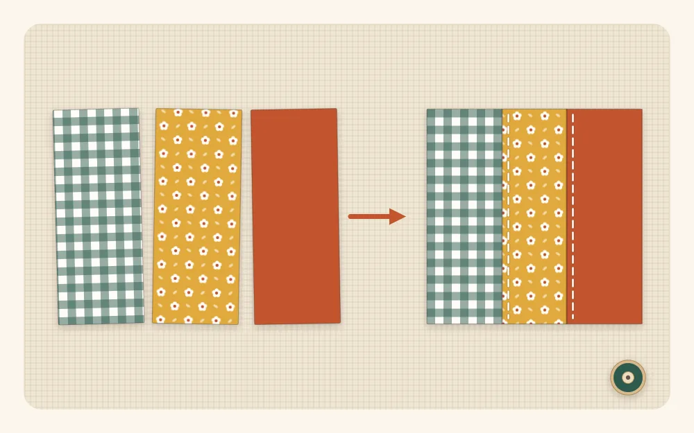 Illustration of three fabric strips in gingham, floral and solid prints sewn side by side into a small square panel