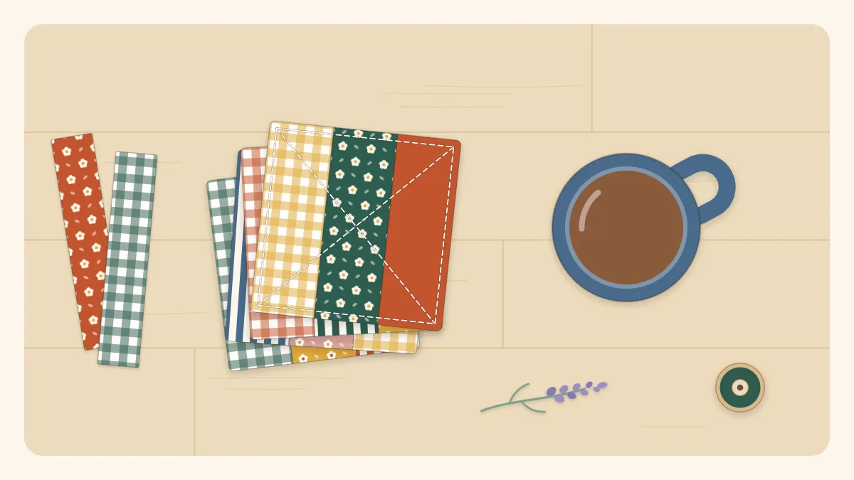 Illustration of a stack of four patchwork coasters in mixed prints beside a mug