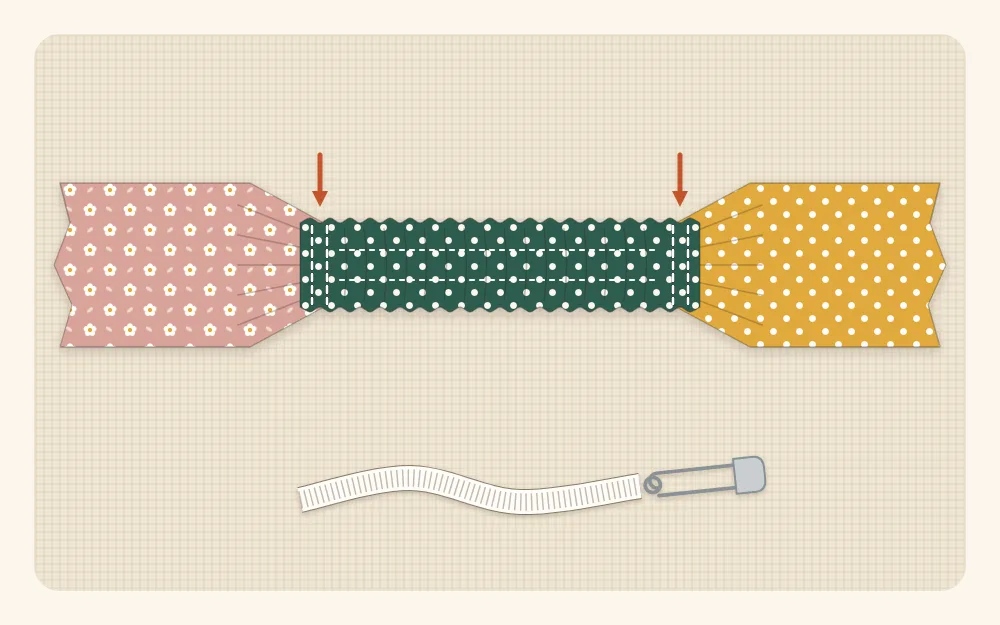 Flat illustration of a short gathered elastic casing joined to the two ends of a fabric headband