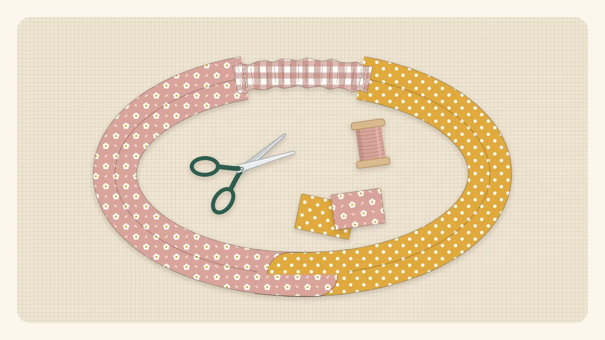 Flat illustration of a twisted-front fabric headband laid flat in an oval shape