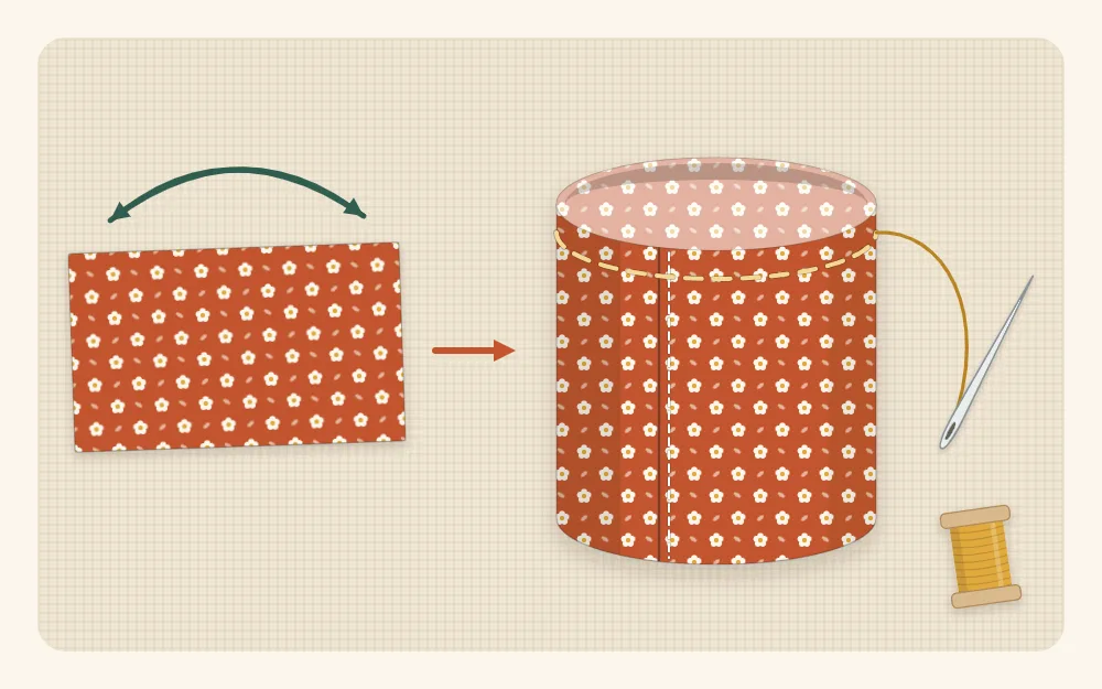 Illustration of a fabric rectangle sewn into a tube with a line of gathering stitches along one open edge