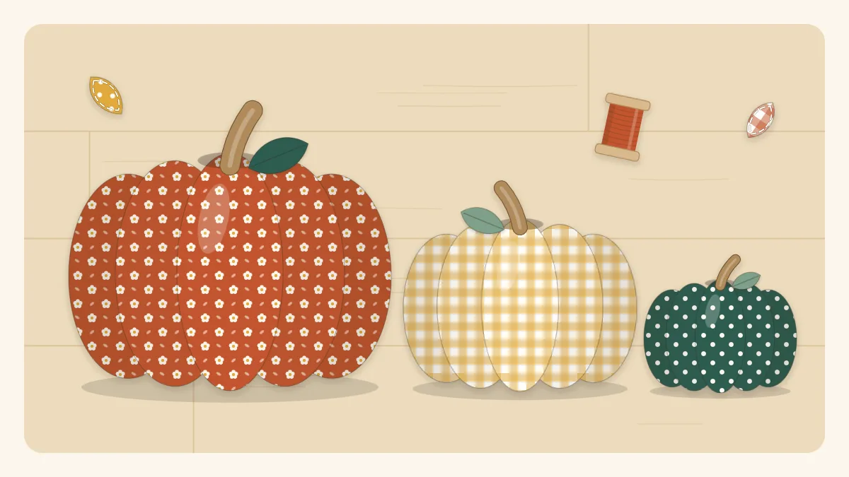 Illustration of three plump fabric pumpkins in rust, mustard and green prints with stick stems