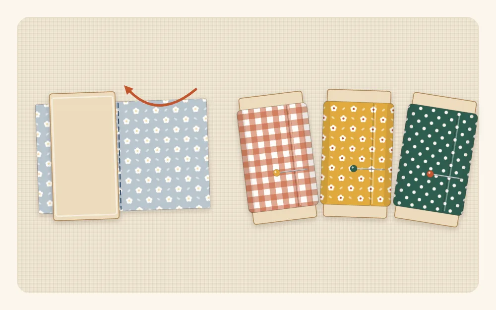 Illustration of a print fabric piece folded neatly around a rectangular card