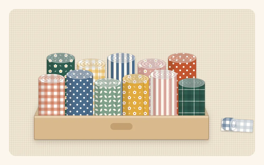 Illustration of rolled fabric strips in mixed prints standing on end in a shallow box