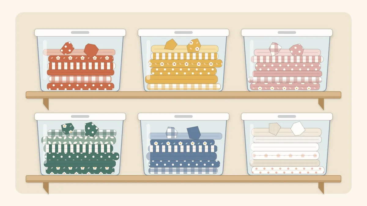 Illustration of clear bins on a shelf holding fabric scraps grouped by color
