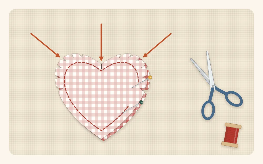 Illustration of two heart shapes placed right sides together, with small notches clipped into the seam allowance around the curves