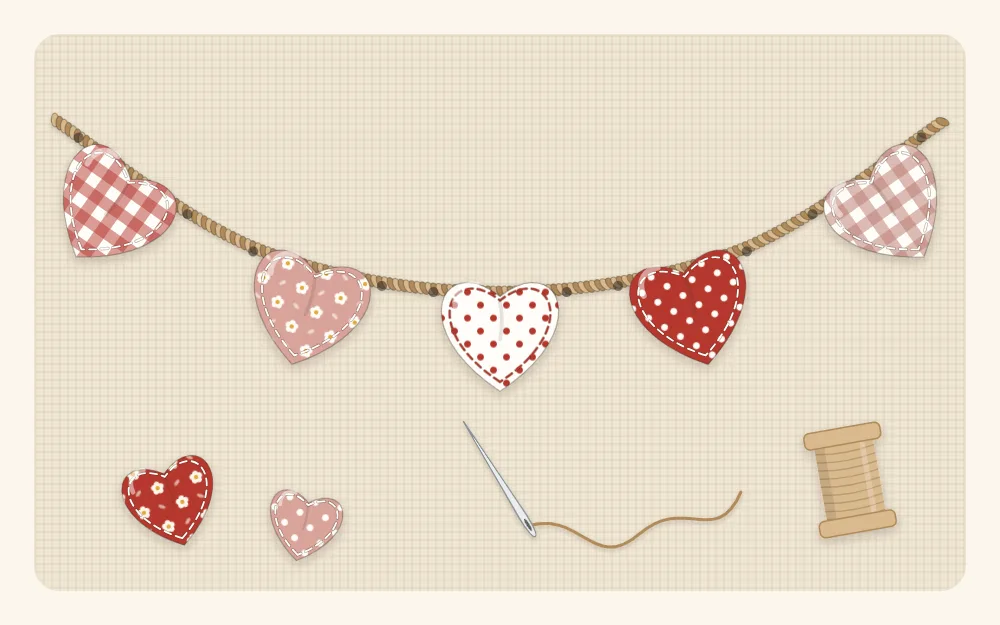 Illustration of small stuffed fabric hearts in red, rose and cream prints strung along a length of twine