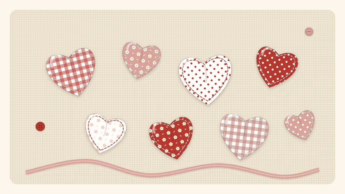 Illustration of a handful of small stuffed fabric hearts in red, rose and cream prints