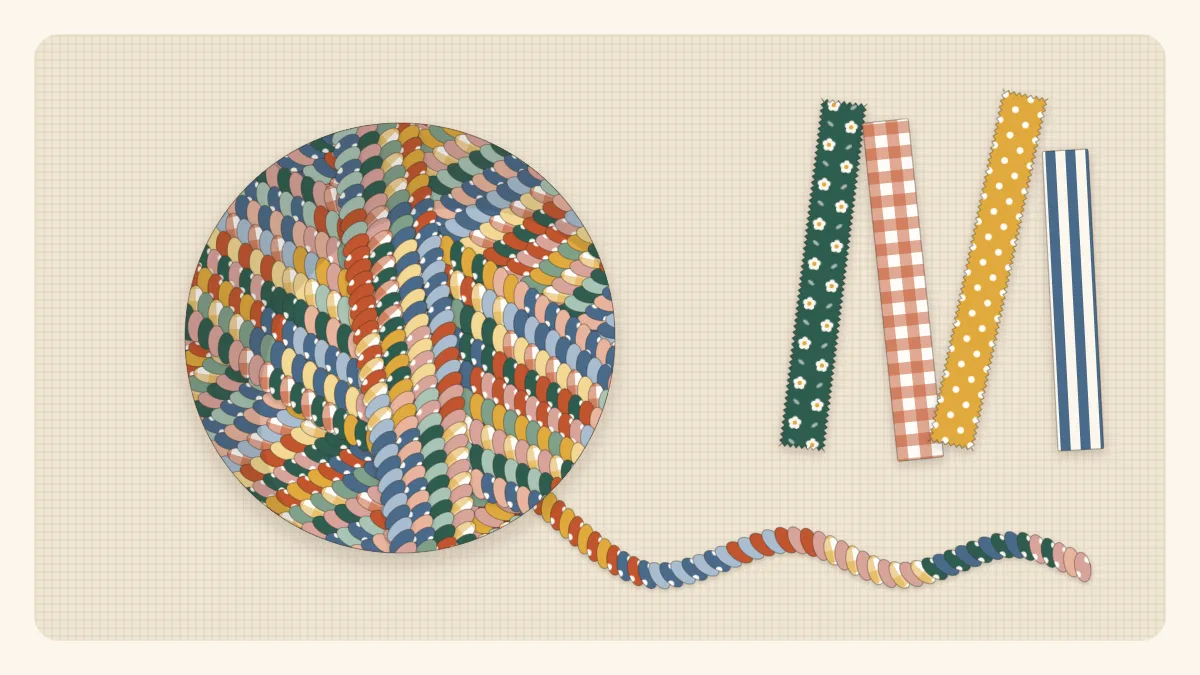 Illustration of a ball of multicolor fabric twine with loose fabric strips beside it