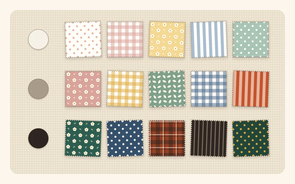 Illustration of fabric swatches arranged in three rows, light swatches on top, medium in the middle and dark at the bottom