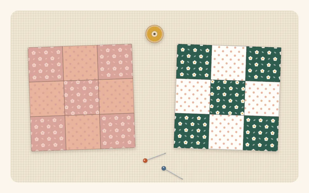 Illustration of the same patchwork block shown twice, one with low contrast fabrics and one with high contrast fabrics