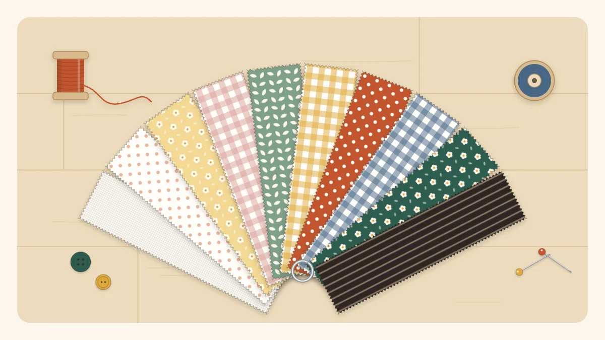 Illustration of a fan of fabric swatches arranged from the lightest on one side to the darkest on the other