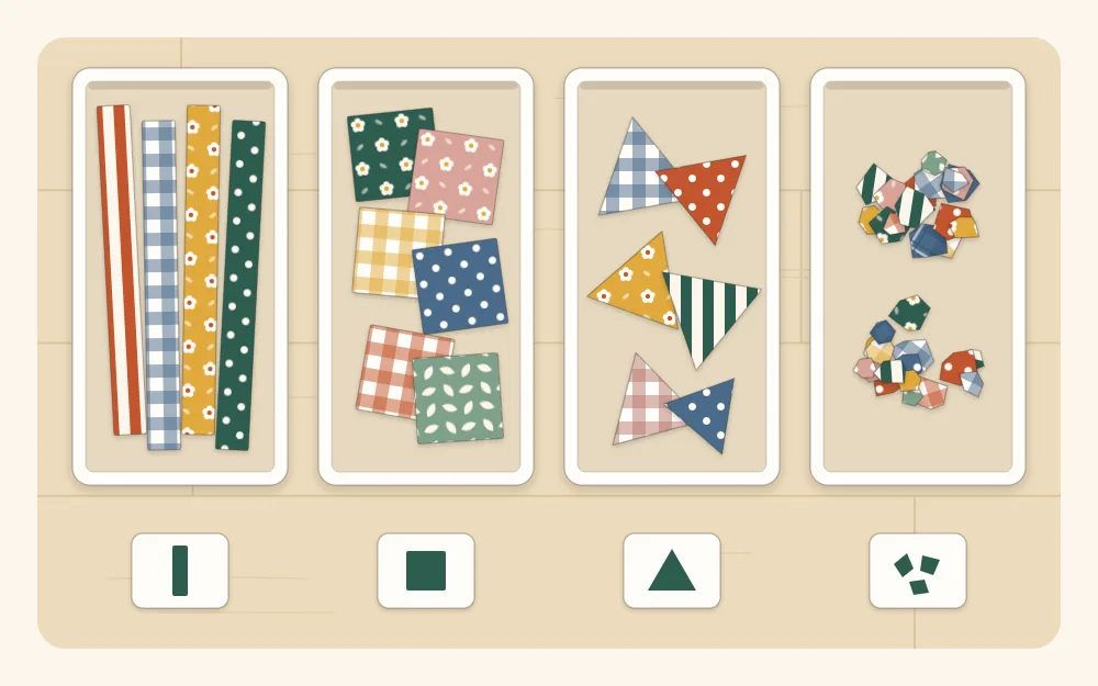 Illustration of four bins marked with shape icons holding fabric strips, squares, triangles and crumbs