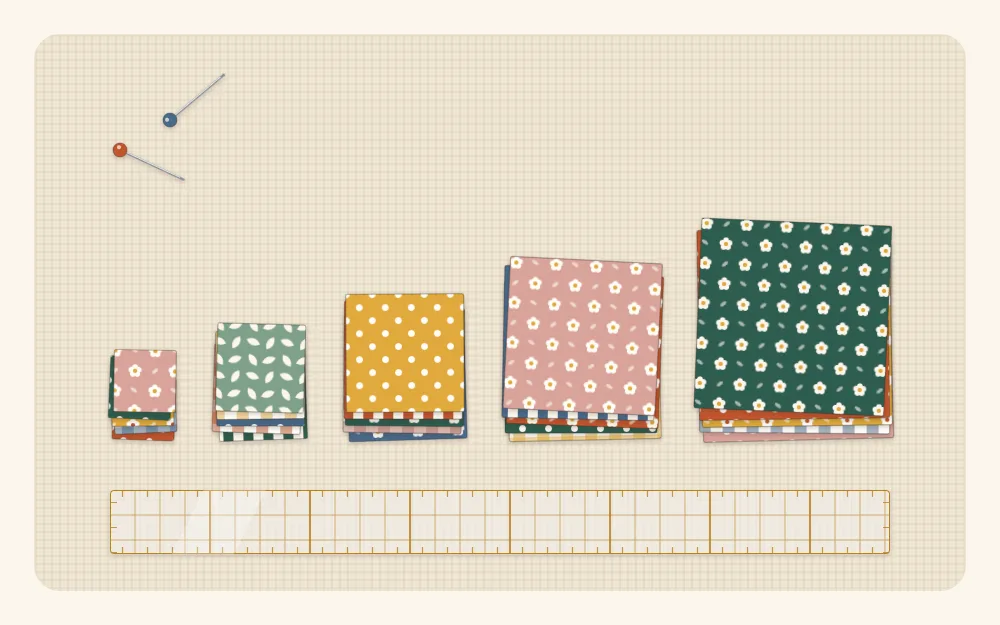 Illustration of fabric scraps trimmed into neat squares and stacked in piles by size
