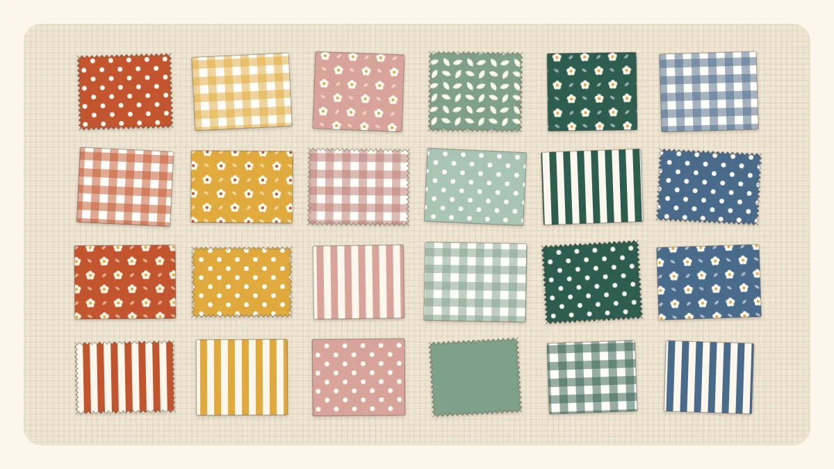 Illustration of fabric scraps sorted into rows by color, running from warm reds and yellows to cool greens and blues
