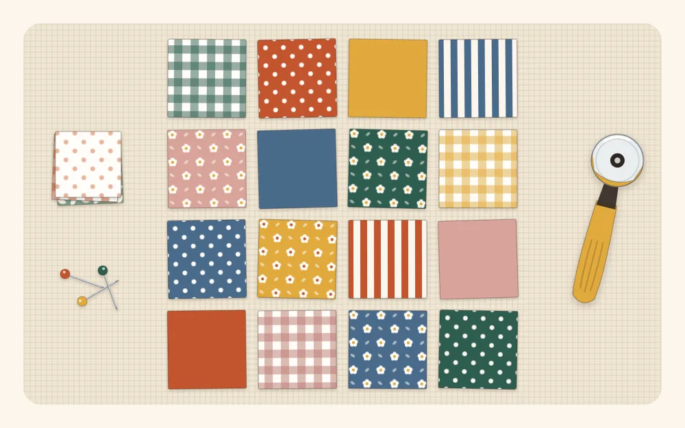 Flat illustration of sixteen print fabric squares laid out in a four-by-four grid with small gaps between them