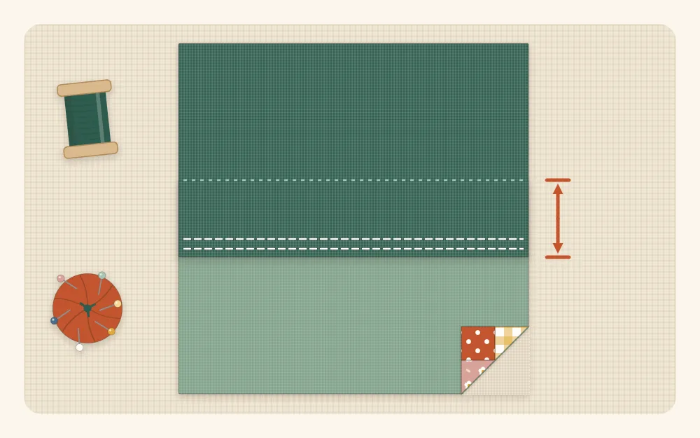 Flat illustration of the back of a cushion cover showing two hemmed fabric panels overlapping across the middle