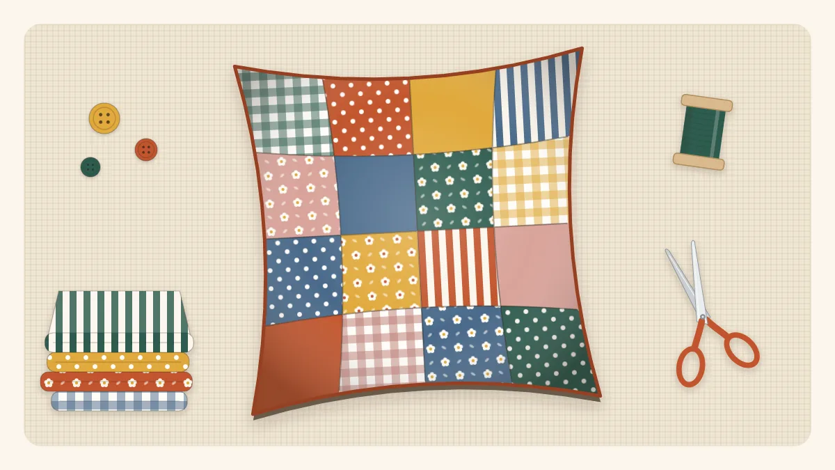 Flat illustration of a square patchwork cushion made of a four-by-four grid of print squares