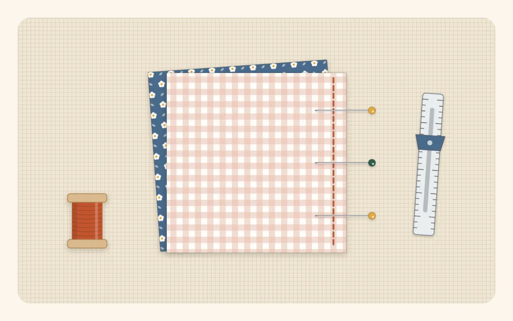 Illustration of two fabric squares placed right sides together with a seam line stitched along one edge