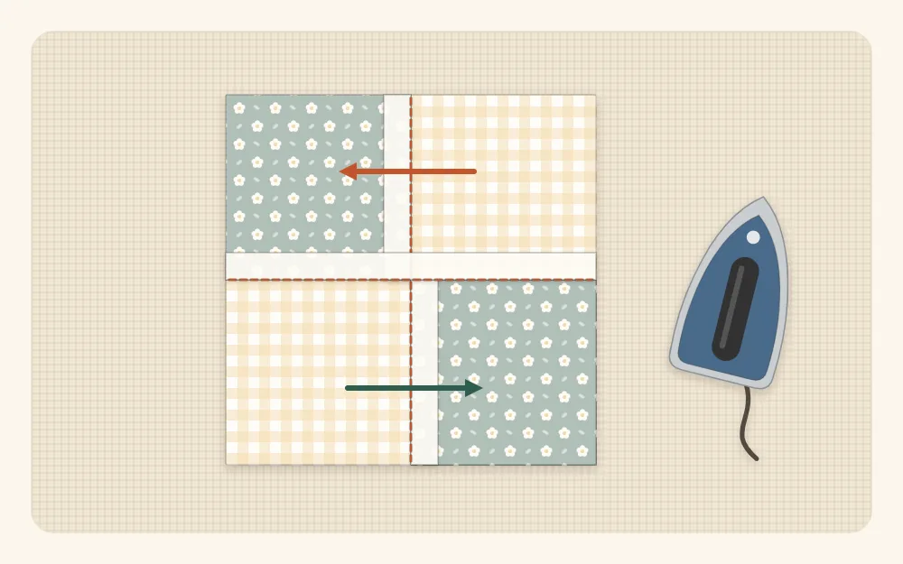 Illustration of the back of a four-patch block showing the two short seams pressed in opposite directions