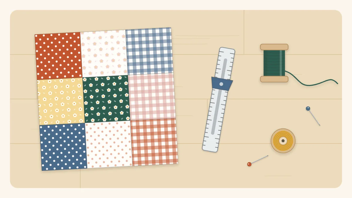 Illustration of a nine-patch block made of print fabric squares with a seam gauge and a spool of thread beside it