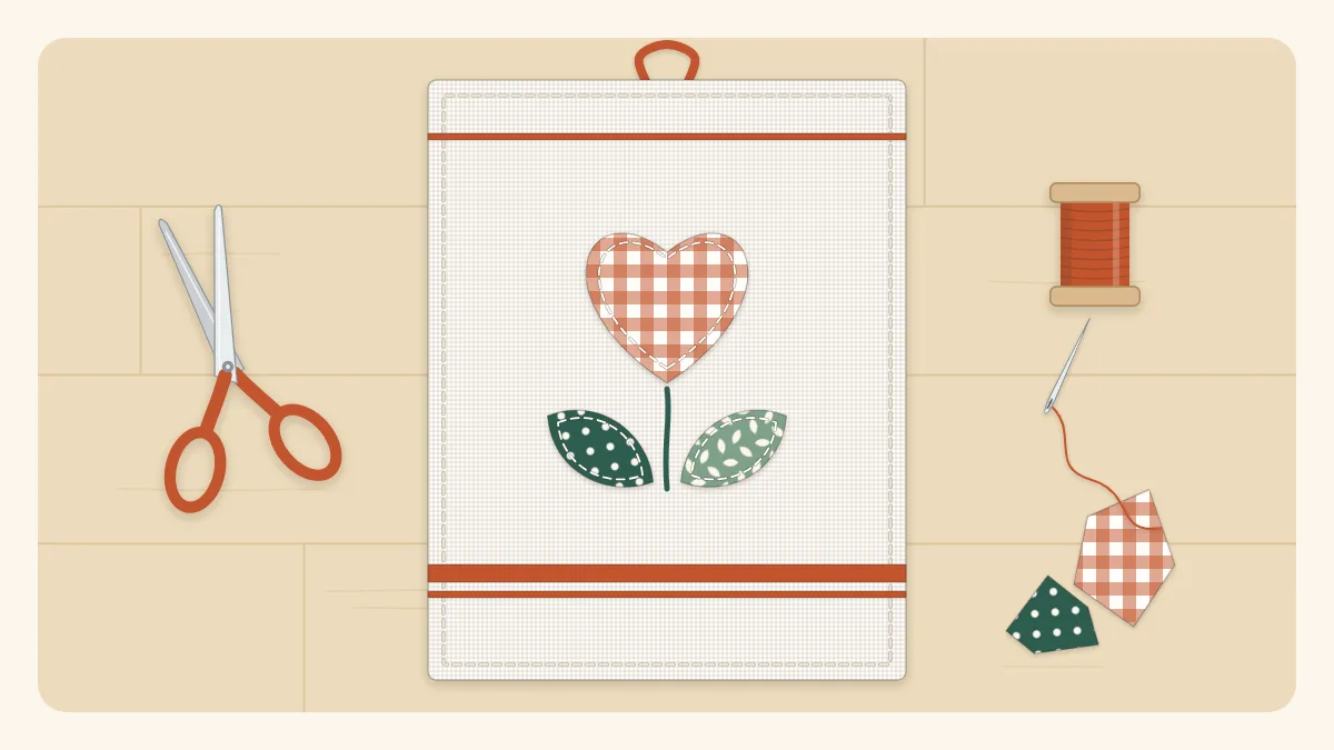 Illustration of a tea towel with an appliquéd heart and leaf shapes cut from print fabric scraps