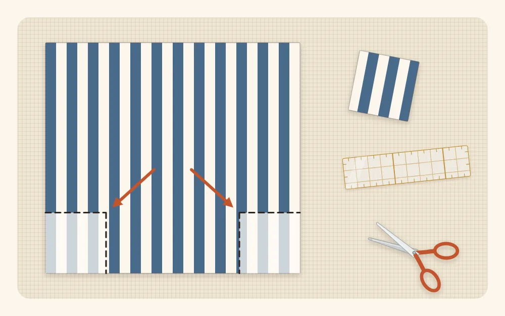 Illustration of a fabric rectangle with a small square marked at each bottom corner for the boxed corners