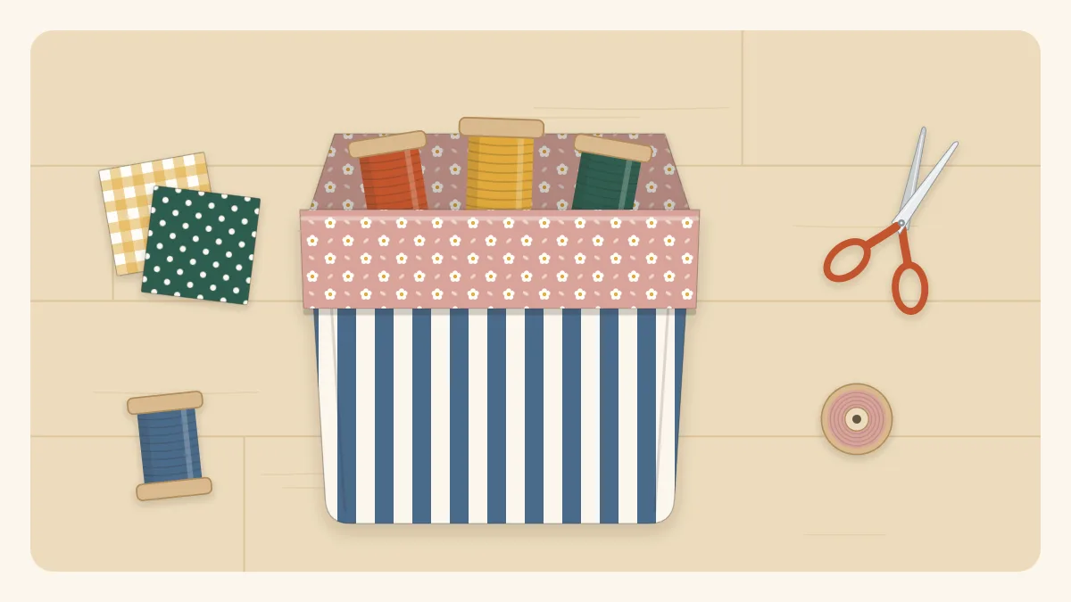 Illustration of a soft square fabric basket with a folded cuff holding thread spools