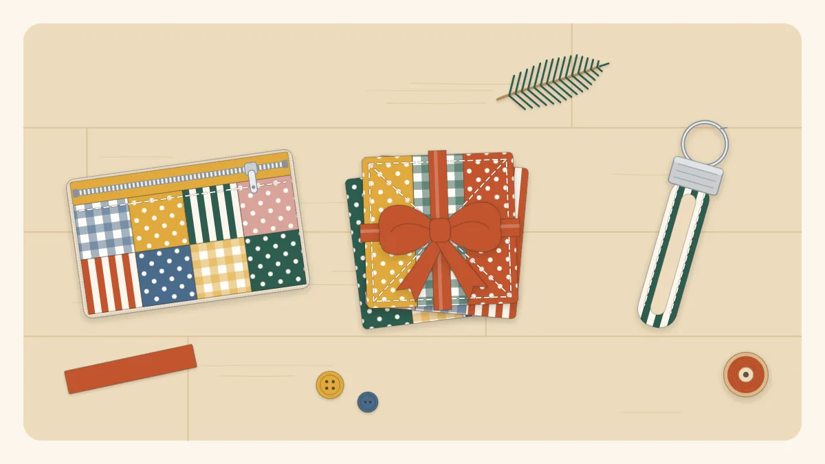 Illustration of small handmade gifts, a zipper pouch, a key fob and a stack of coasters, tied together with a fabric strip bow