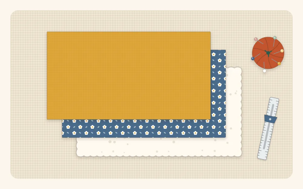 Flat illustration of three rectangles stacked and slightly offset: batting at the bottom, outer fabric in the middle and lining on top