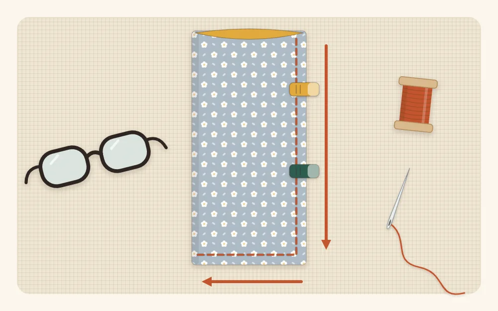 Flat illustration of a fabric glasses case folded in half lengthwise with a line of stitching down the side and across the bottom