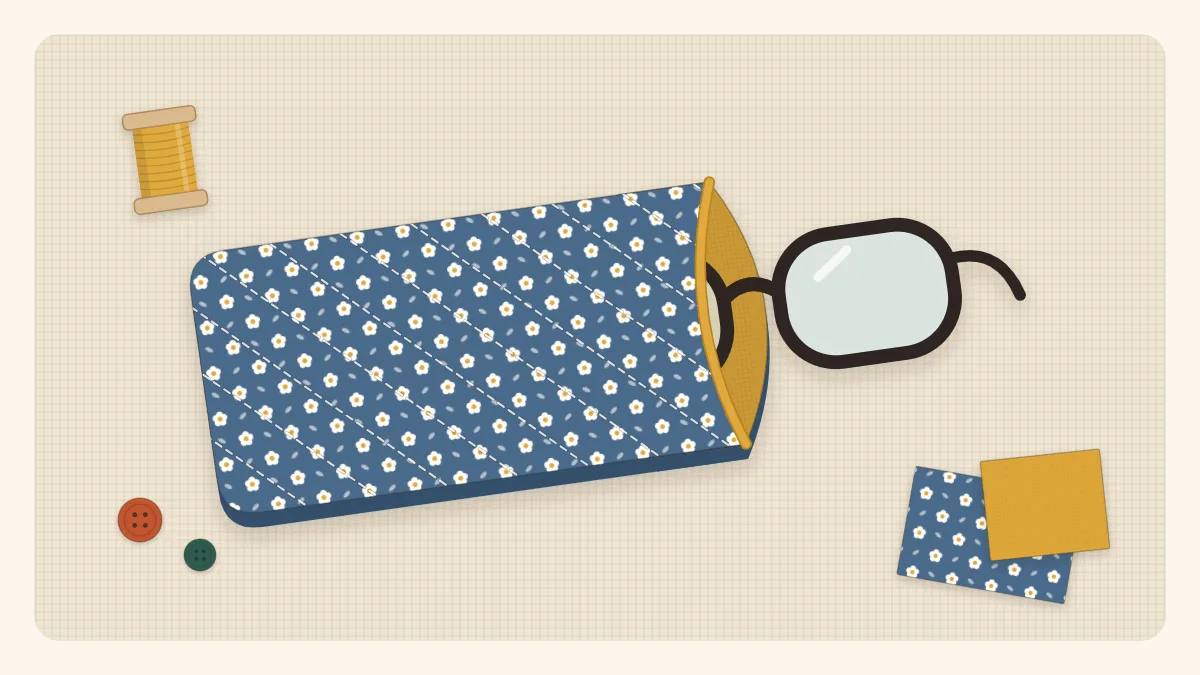 Flat illustration of a padded fabric glasses case with a pair of glasses half inside