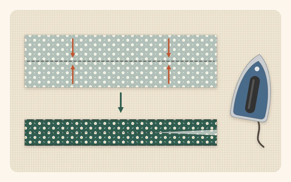 Flat illustration of a fabric strip pressed with both long edges folded in to meet at the center crease