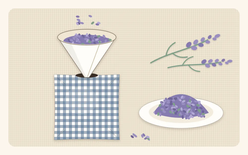 Illustration of a small paper funnel set into the open gap of a fabric sachet, with dried lavender buds pouring in