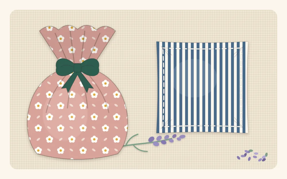 Illustration of two fabric sachets side by side, one gathered at the neck and closed with a ribbon tie and one square sachet stitched shut