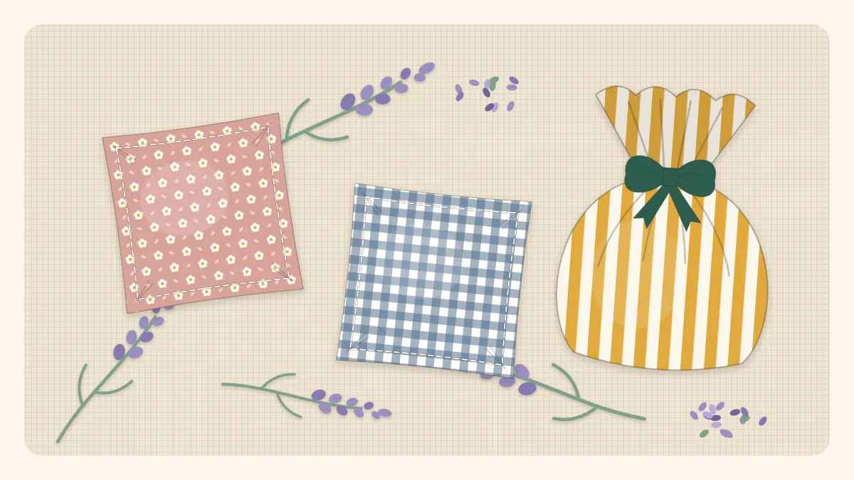 Illustration of three small fabric sachets in different prints with sprigs of lavender beside them